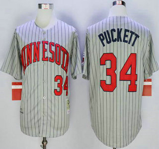 Men's Minnesota Twins #34 Kirby Puckett Retired 1987 Gray Pinstirpe Mitchell & Ness Throwback Jersey