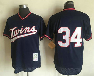 Men's Minnesota Twins #34 Kirby Puckett Navy Blue Mesh Batting Practice 1985 Throwback Jersey By Mitchell & Ness