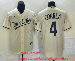 Men's Minnesota Twins #4 Carlos Correa Cream 2022 City Connect Cool Base Stitched Jersey