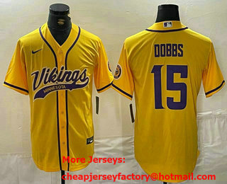 Men's Minnesota Vikings #15 Josh Dobbs Yellow With Patch Cool Base Stitched Baseball Jersey