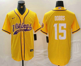 Men's Minnesota Vikings #15 Joshua Dobbs Yellow Cool Base Stitched Baseball Jersey