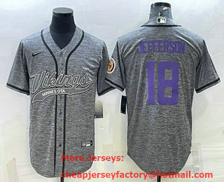 Men's Minnesota Vikings #18 Justin Jefferson Grey Gridiron With Patch Cool Base Stitched Baseball Jersey