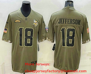 Men's Minnesota Vikings #18 Justin Jefferson Olive 2022 Salute To Service Limited Stitched Jersey