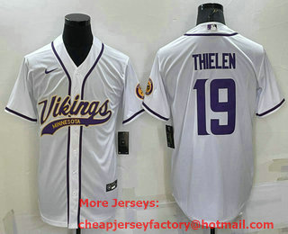 Men's Minnesota Vikings #19 Adam Thielen White With Patch Cool Base Stitched Baseball Jersey