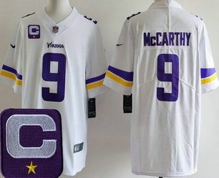 Men's Minnesota Vikings #9 JJ McCarthy Limited White 2025 Captain Patch Vapor Jersey