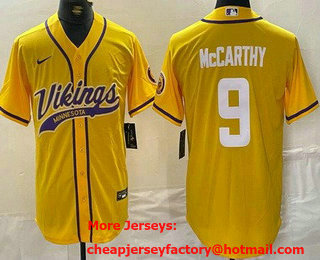 Men's Minnesota Vikings #9 JJ McCarthy Limited Yellow Baseball Jersey