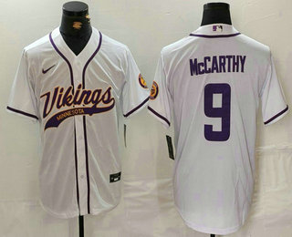 Men's Minnesota Vikings #9 JJ McCarthy White Cool Base Stitched Baseball Jersey