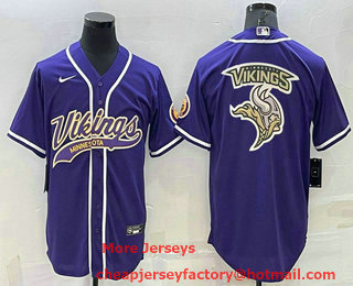 Men's Minnesota Vikings Purple Team Big Logo With Patch Cool Base Stitched Baseball Jersey