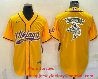 Men's Minnesota Vikings Yellow Team Big Logo With Patch Cool Base Stitched Baseball Jersey