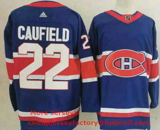 Men's Montreal Canadiens #22 Cole Caufield Blue 2021 Reverse Retro Stitched NHL Jersey
