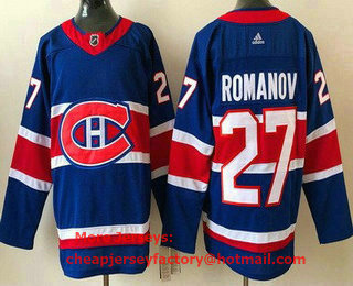 Men's Montreal Canadiens #27 Alexander Romanov Blue 2021 Reverse Retro Stitched NHL Jersey