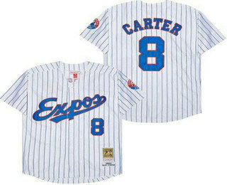 Men's Montreal Expos #8 Gary Carter White Stripes 1982 Throwback Jersey