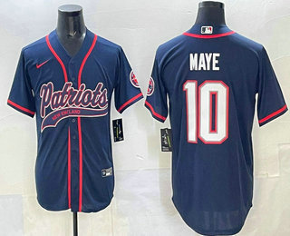 Men's New England Patriots #10 Drake Maye Navy With Path Cool Base Stitched Baseball Jersey