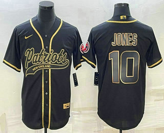 Men's New England Patriots #10 Mac Jones Black Gold With Patch Cool Base Stitched Baseball Jersey