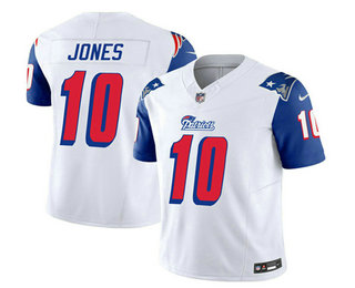 Men's New England Patriots #10 Mac Jones White Blue 2023 FUSE Throwback Limited Stitched Jersey