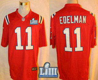 Men's New England Patriots #11 Julian Edelman Red 2019 Super Bowl LIII Patch Retired Player NFL Nike Game Jersey