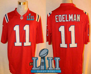 Men's New England Patriots #11 Julian Edelman Red Alternate 2018 Super Bowl LII Patch Stitched NFL Nike Game Jersey