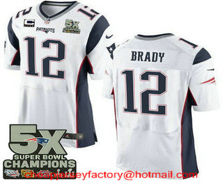 Men's New England Patriots #12 Tom Brady White C Patch Five Super Bowl Champs 5X Champions Stitched NFL Nike Elite Jersey