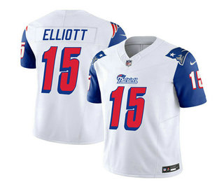 Men's New England Patriots #15 Ezekiel Elliott White Blue 2023 FUSE Throwback Limited Stitched Jersey