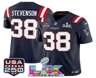 Men's New England Patriots #38 Rhamondre Stevenson Navy FUSE Super Bowl LX USA 250 Patch Vapor Limited Jersey