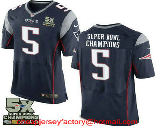Men's New England Patriots #5 Super Bowl Champions Navy Blue 5X Patch Stitched NFL Nike Elite Jersey
