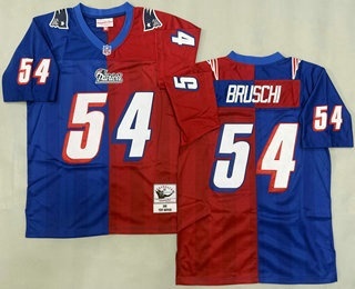 Men's New England Patriots #54 Tedy Bruschi Blue Red 1996 Split Throwback Jersey