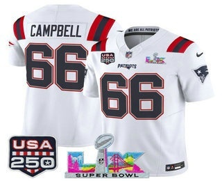Men's New England Patriots #66 Will Campbell White FUSE Super Bowl LX USA 250 Patch Vapor Limited Jersey
