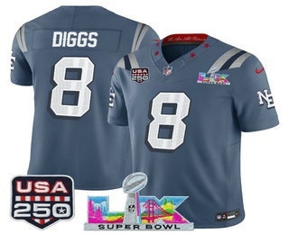 Men's New England Patriots #8 Stefon Diggs Blue FUSE Super Bowl LX USA 250 Patch Rivalries Vapor Limited Jersey