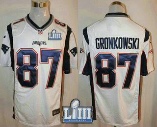 Men's New England Patriots #87 Rob Gronkowski White 2019 Super Bowl LIII Patch Road NFL Nike Game Jersey