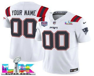 Men's New England Patriots Active Player Custom White FUSE Super Bowl LX US 250th Patch Vapor Limited Jersey