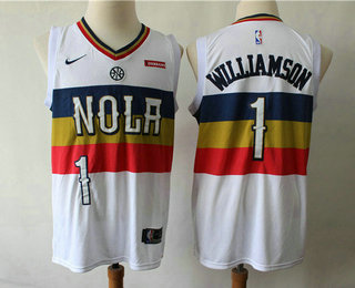 Men's New Orleans Pelicans #1 Zion Williamson White Nike Swingman 2018 playoffs Earned Edition Stitched Jersey With The Sponsor Logo