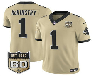 Men's New Orleans Saints #1 Kool-Aid McKinstry Limited Gold 60TH Patch FUSE Alternate Vapor Jersey