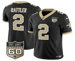 Men's New Orleans Saints #2 Spencer Rattler Limited Black 60TH Patch FUSE Vapor Jersey
