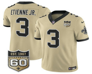 Men's New Orleans Saints #3 Travis Etienne Jr Limited Gold 60TH Patch FUSE Alternate Vapor Jersey