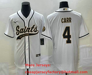 Men's New Orleans Saints #4 Derek Carr White With Patch Cool Base Stitched Baseball Jersey