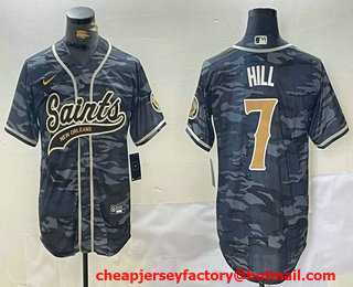 Men's New Orleans Saints #7 Taysom Hill Grey Camo With Patch Cool Base Stitched Baseball Jersey