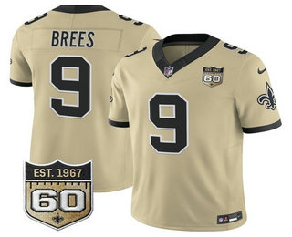 Men's New Orleans Saints #9 Drew Brees Limited Gold 60TH Patch FUSE Alternate Vapor Jersey