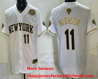 Men's New York Knicks #11 Jalen Brunson White Gold 2026 Finals Champions Patch Stitched Baseball Jersey