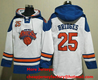 Men's New Yok Knicks #25 Mikal Bridges White Lace Up Pullover Hoodie