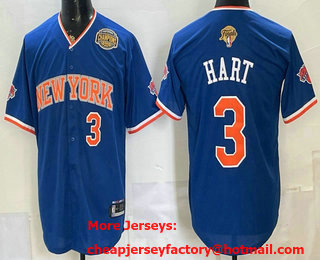 Men's New York Knicks #3 Josh Hart Blue 2026 Finals Champions Patch Stitched Baseball Jersey