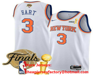 Men's New Yok Knicks #3 Josh Hart White 2026 Finals Patch And Champions Patch Association Edition Stitched Jersey