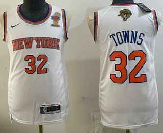 Men's New York Knicks #32 Karl-Anthony Towns White 2026 Finals Patch Finals Champions Patch Stitched Jersey