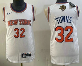 Men's New York Knicks #32 Karl-Anthony Towns White 2026 Finals Patch Finals Patch Stitched Jersey