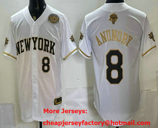 Men's New York Knicks #8 OG Anunoby White Gold 2026 Finals Champions Patch Stitched Baseball Jersey