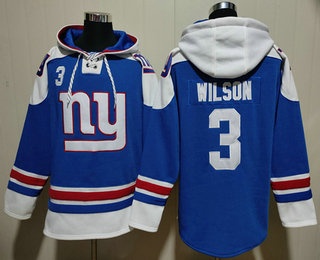 Men's New York Giants #3 Russell Wilson Blue Ageless Must Have Lace Up Pullover Hoodie