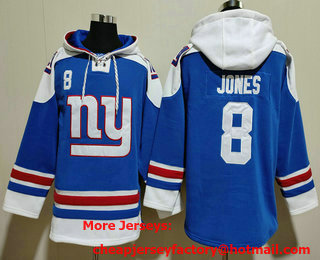 Men's New York Giants #8 Daniel Jones Blue Ageless Must Have Lace Up Pullover Hoodie