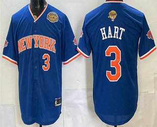 Men's New York Knicks #3 Josh Hart Royal 2026 Finals Champions Patch Stitched Baseball Jersey