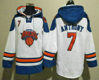Men's New York Knicks #7 Carmelo Anthony White Ageless Must Have Lace Up Pullover Hoodie