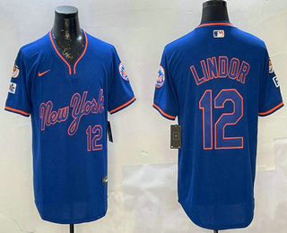 Men's New York Mets #12 Francisco Lindor Blue 2025 Spring Training Jersey