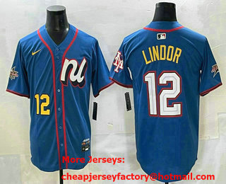 Men's New York Mets #12 Francisco Lindor Number Blue 2025 All Star Limited Stitched Jersey